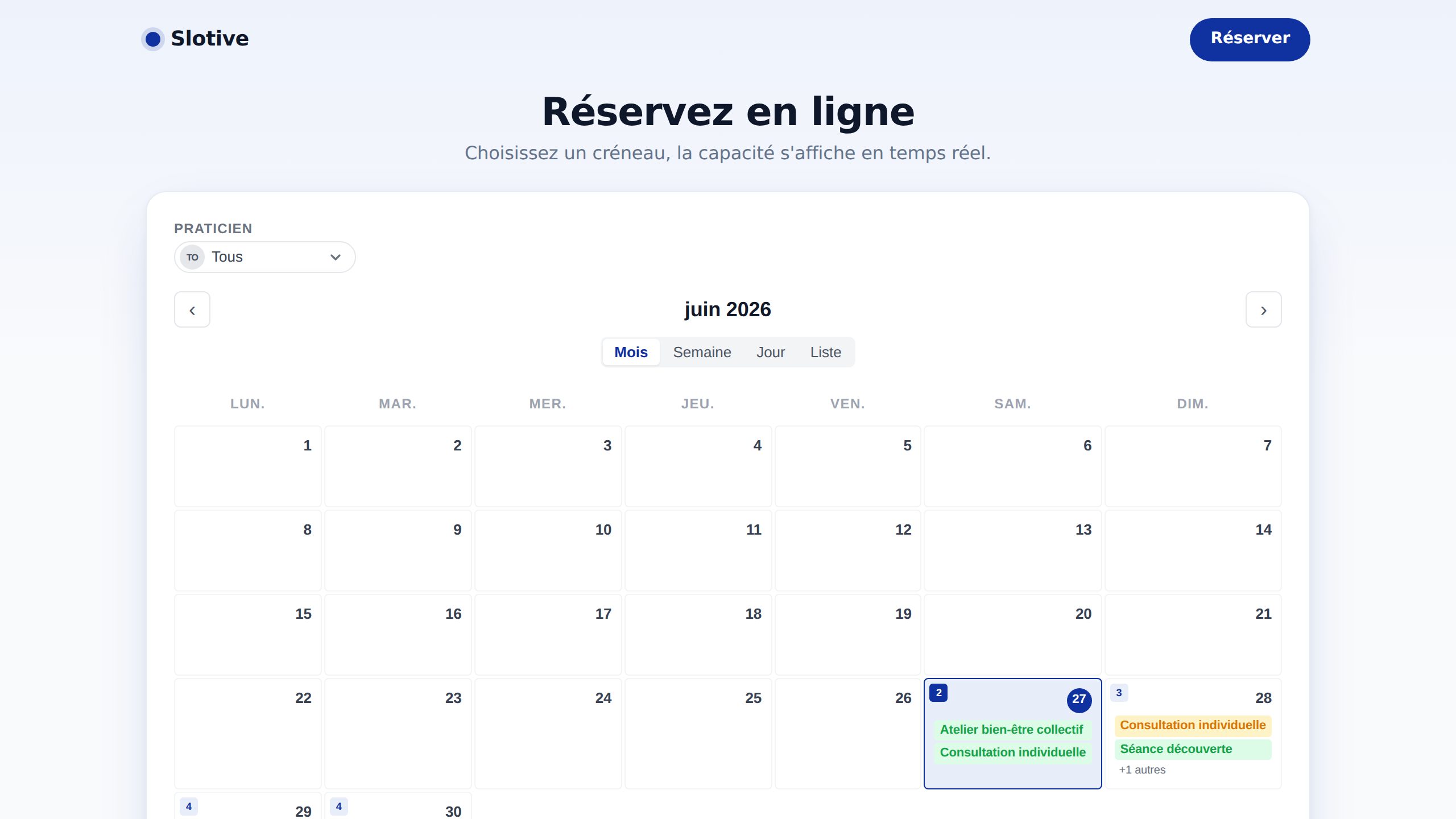 Slotive — Vista de calendario mensual